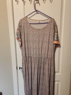 Peach and Blue Floral Scoop-Neck Maxi Dress